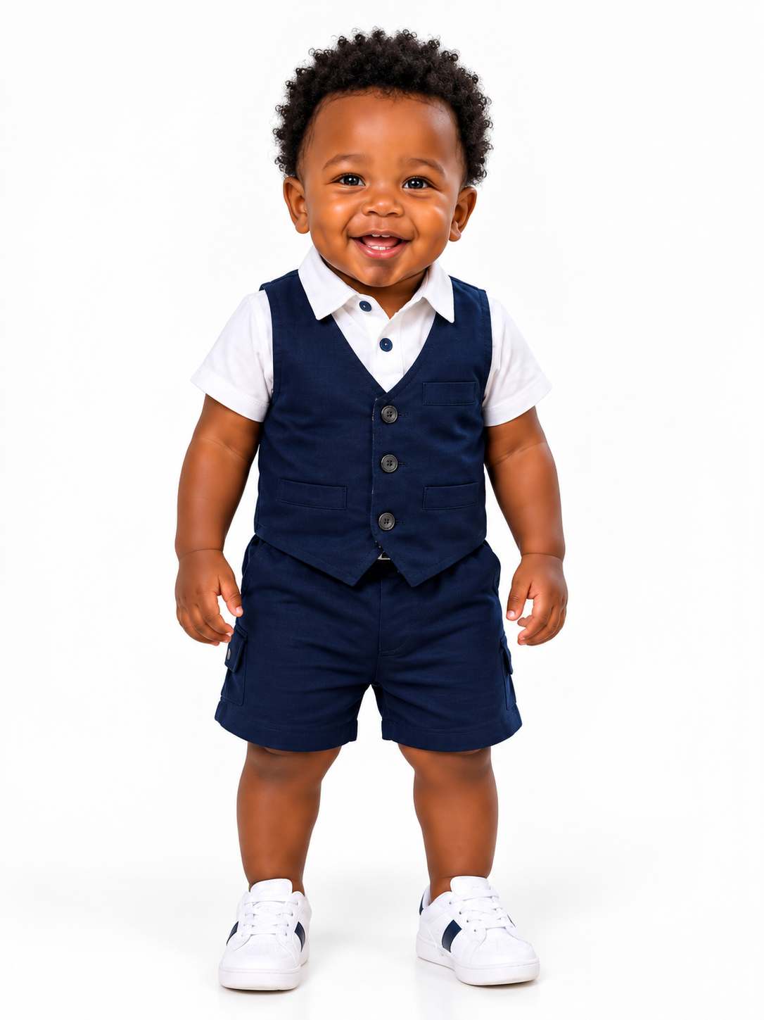 Ensemble Chic 3 Pièces Bébé Garçon – Gilet en Lin, Chemise Polo & Short Cargo